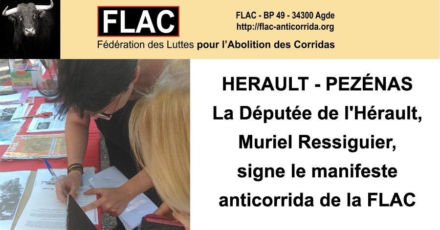 Pézenas - HERAULT - PEZÉNAS - La Députée de l'Hérault, Muriel Ressiguier, signe le manifeste anticorrida de la FLAC
