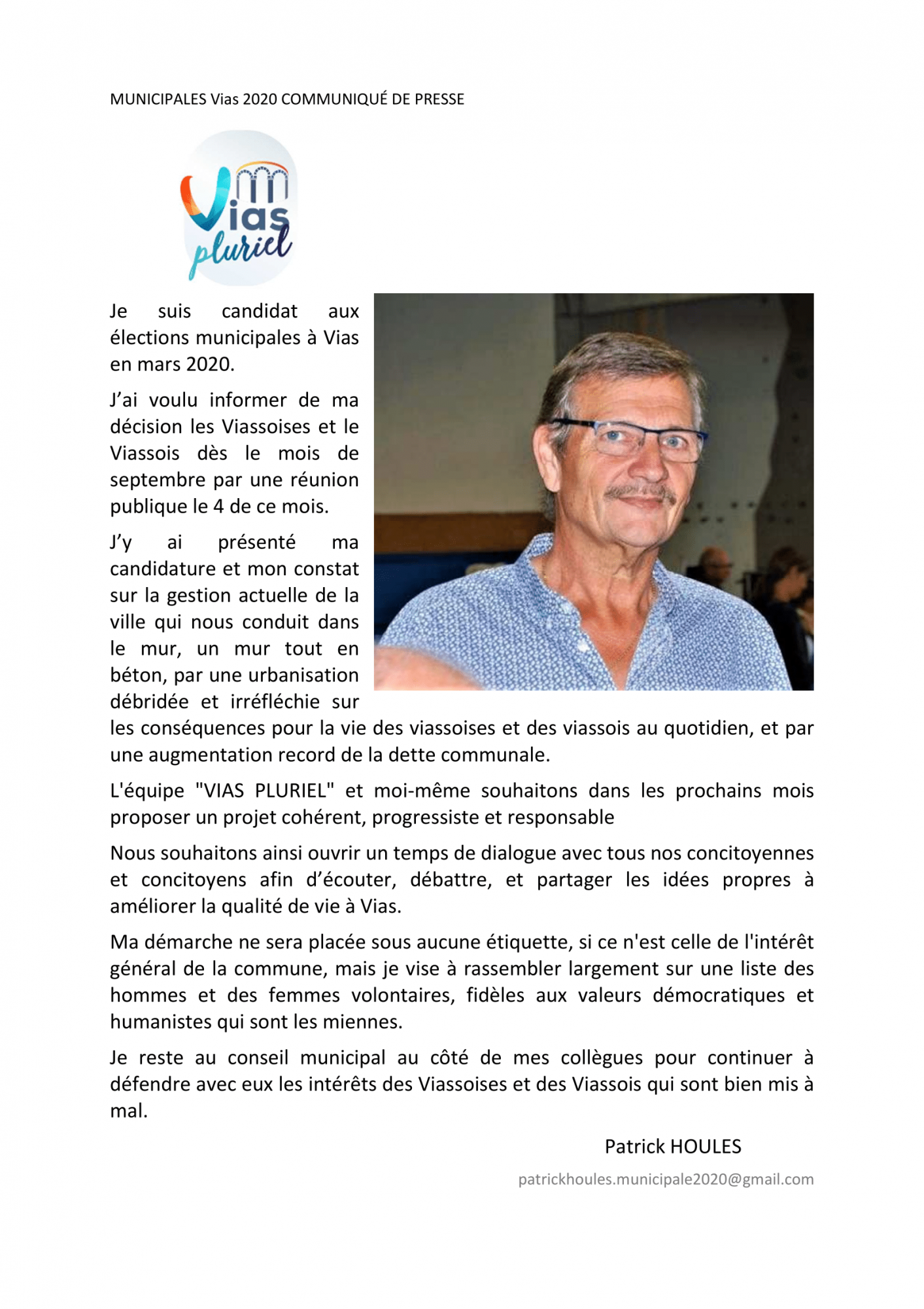 Vias - Patrick HOULES, tête de liste VIAS PLURIEL pour les municipales 2020