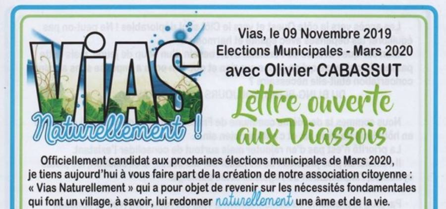 Vias - Nouvelle lettre d'Olivier CABASSUT aux Viassois