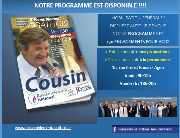 Agde - Le programme de Jean-Louis Cousin tête de liste du Rassemblement Agathois est maintenant disponible !