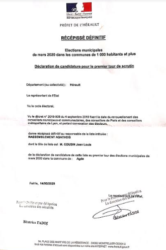 Agde - C'est fait ! Jean-Louis Cousin, tête de liste du Rassemblement Agathois a reçu le récépissé définitif de candidature pour les élections municipales