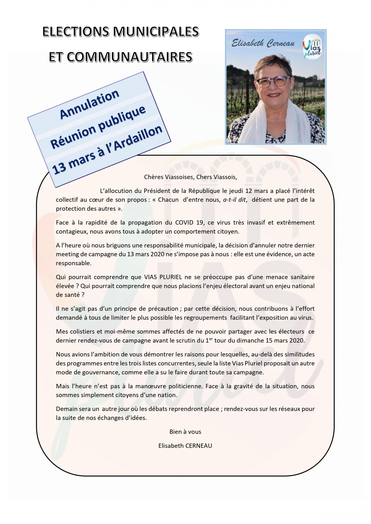 Vias - VIAS PLURIEL Annulation Meeting du 13 mars 2020