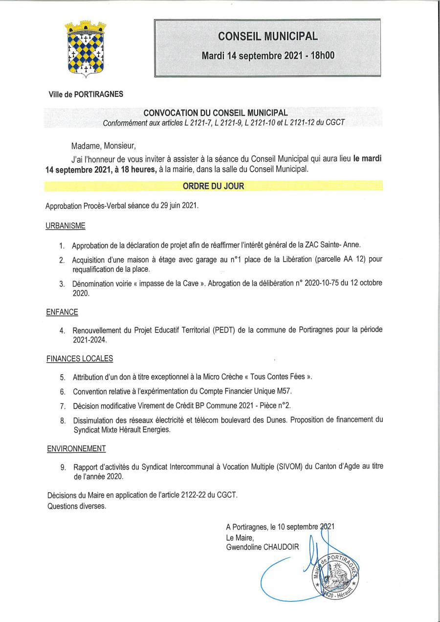 Portiragnes - Prochaine séance du Conseil Municipal le 14 septembre : l'ordre du jour.