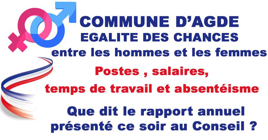 Agde - Egalité des Chances entre les hommes et les femmes en VILLE d'AGDE : Postes , salaires, temps de travail et absentéisme Le rapport annuel est présenté ce soir au Conseil municipal