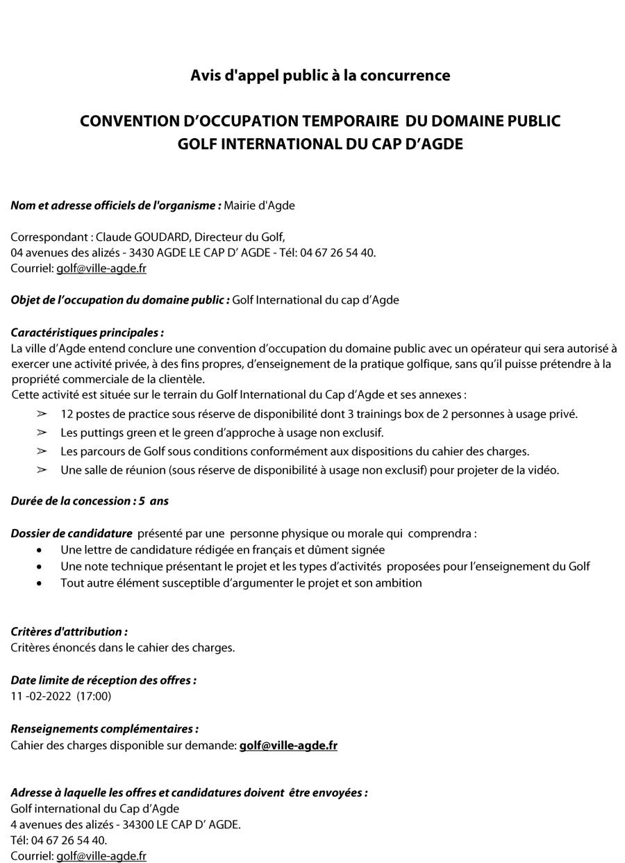 Cap d'Agde - Avis d'appel public à la concurrence pour le Golf du Cap d'Agde