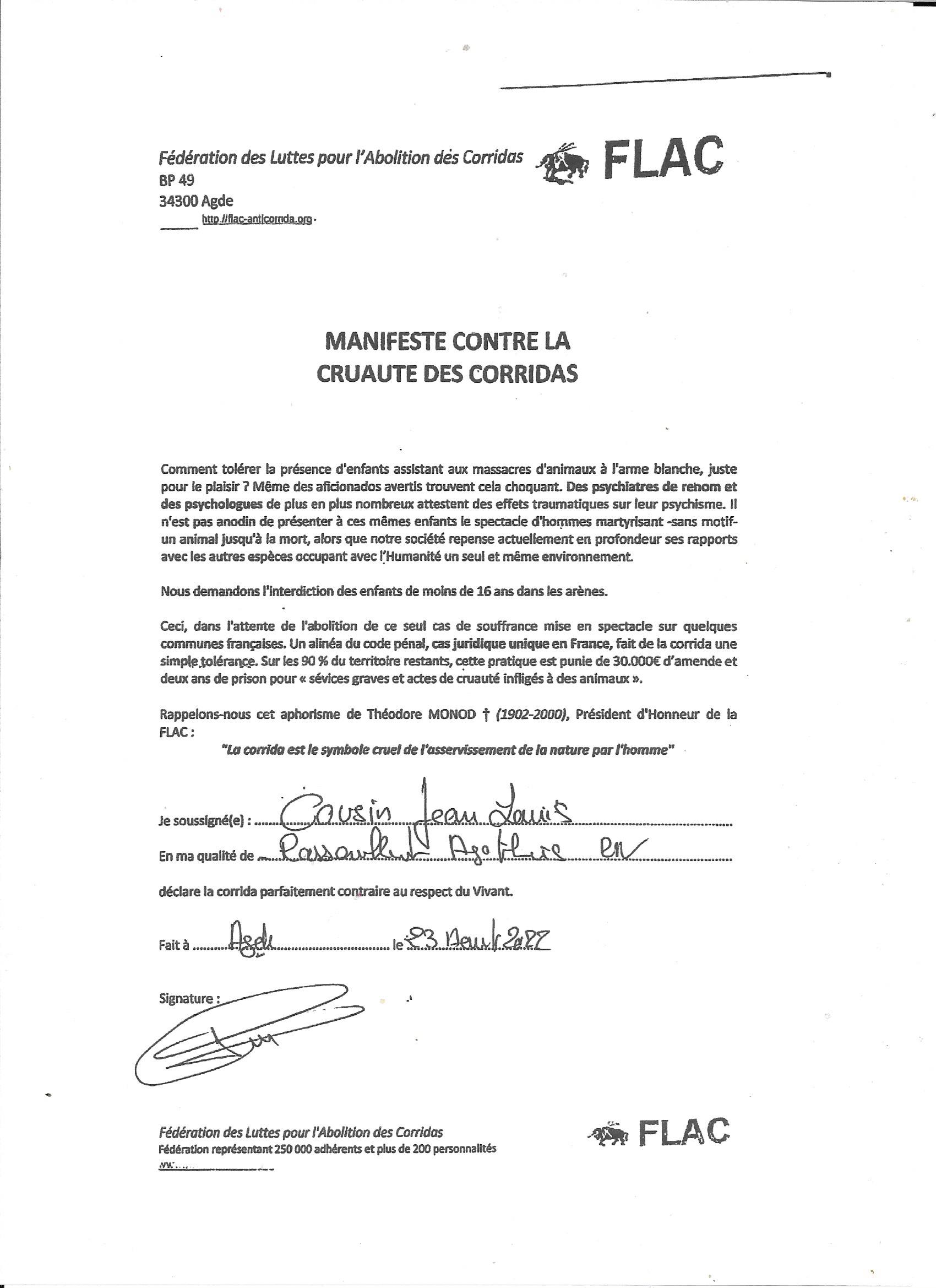 Agde - Agde - CORRIDA ! Jean-Louis COUSIN  représentant du RN à Agde signe le manifeste de la FLAC !