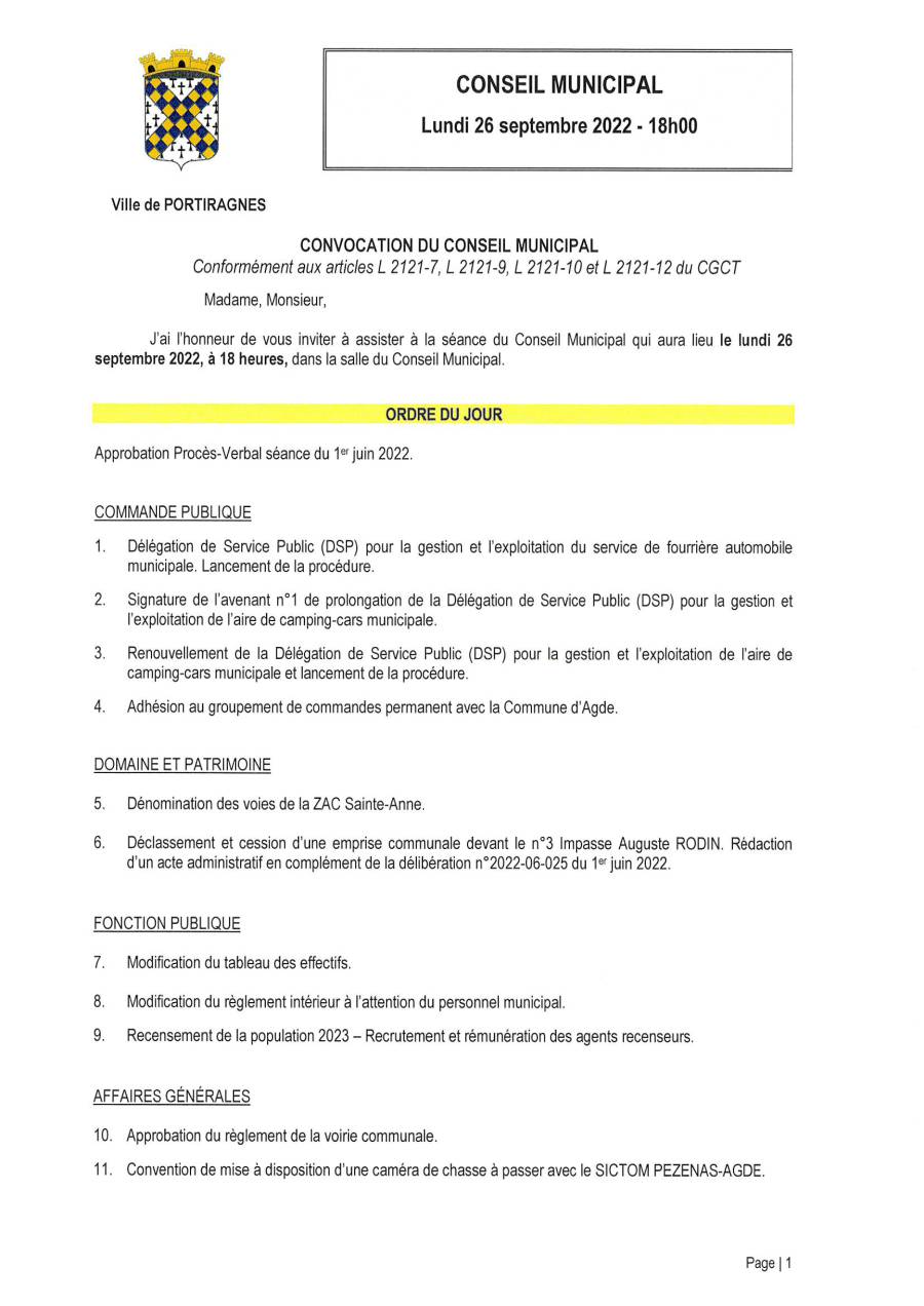 Portiragnes - L'ordre du jour du conseil municipal de ce 26 septembre 2022