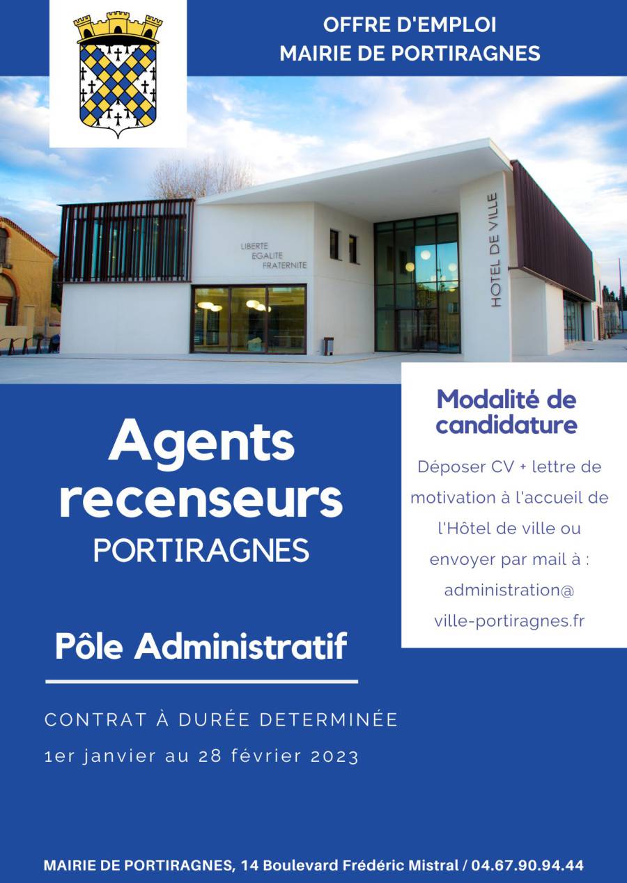 Portiragnes - La ville de Portiragnes recrute des Agents recenseurs