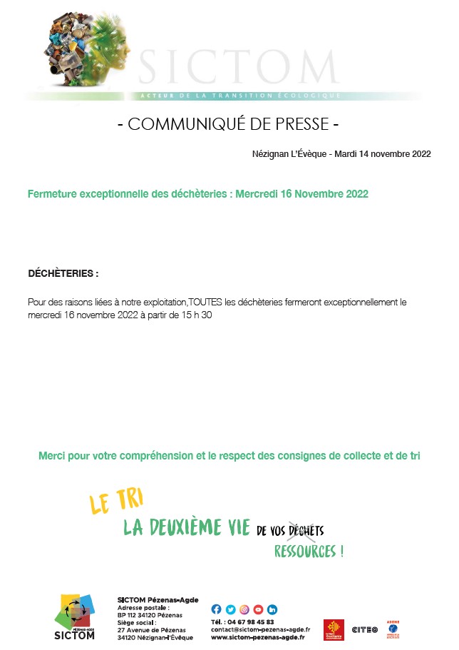 Agglo Hérault Méditerranée - Toutes les déchèteries fermeront à 15h30 mercredi 16 novembre !