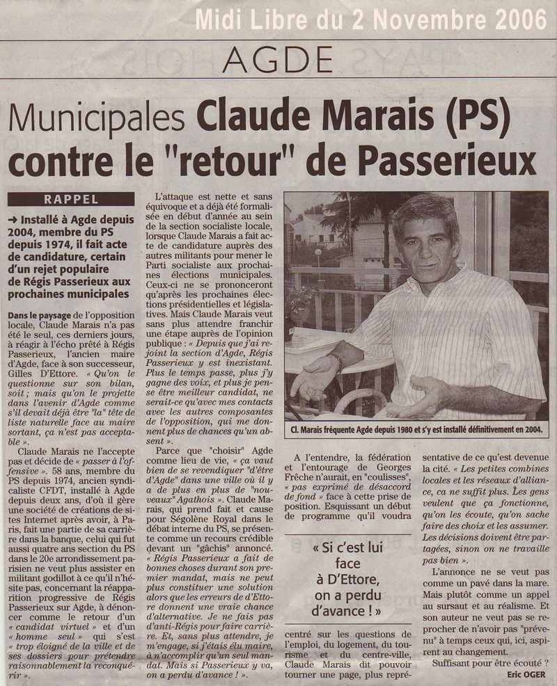 Agde - Claude MARAIS : Un animateur de la gauche locale et du PS Agathois s'est éteint