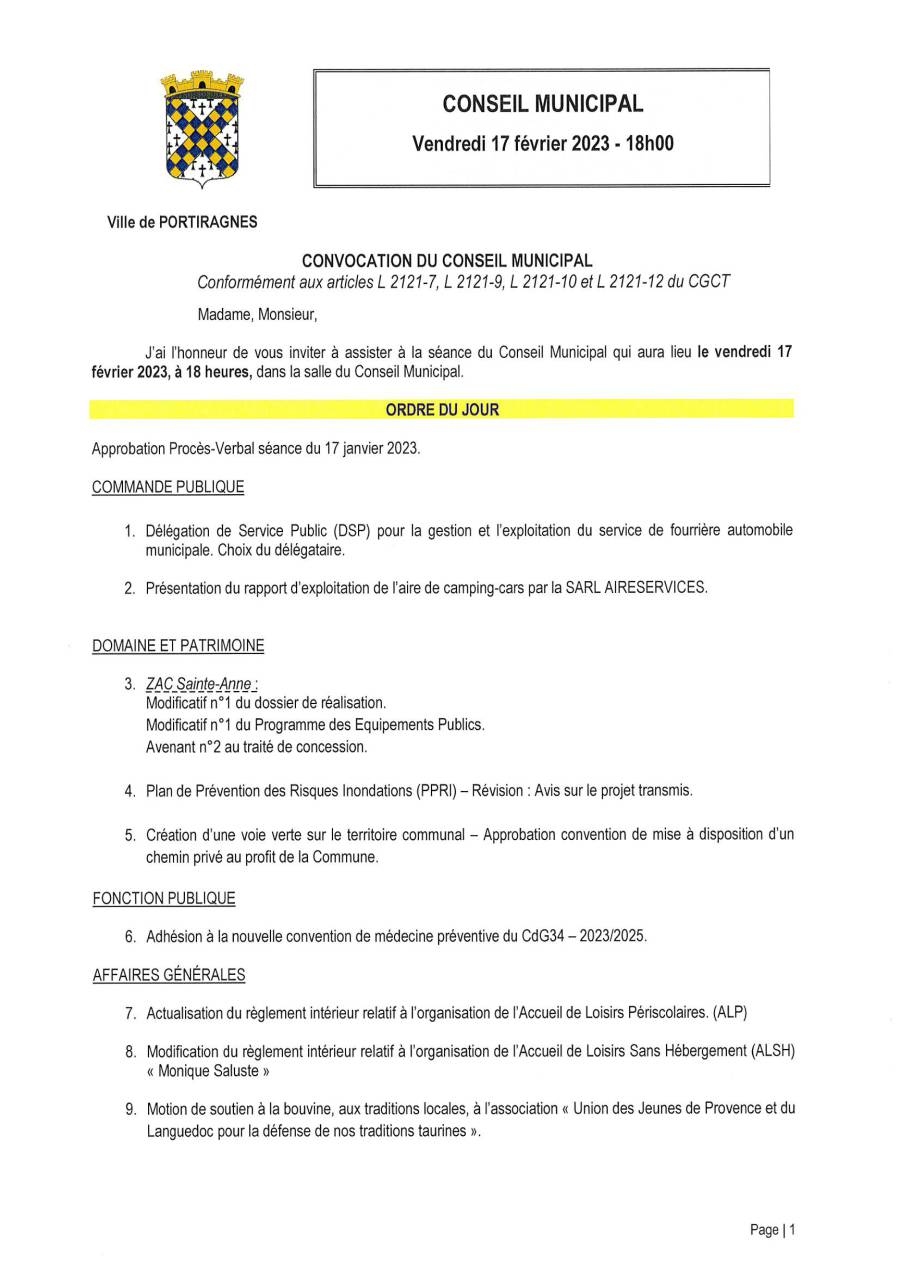 Portiragnes - L'ordre du jour du conseil municipal de ce 17 février 2023