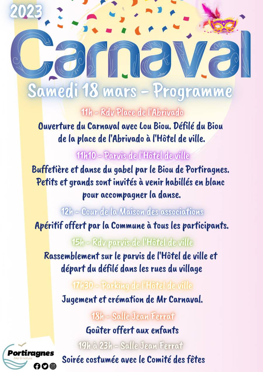 Portiragnes - L'affiche et le programme du Carnaval de Portiragnes : 18 mars 2023 !