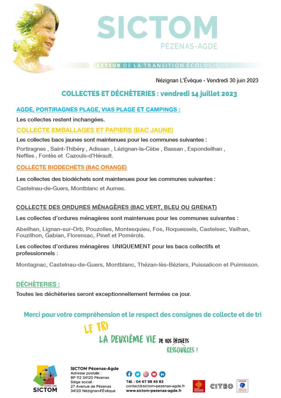 Agglo Hérault Méditerranée - Collectes et Déchèteries, infos vendredi 14 juillet 2023