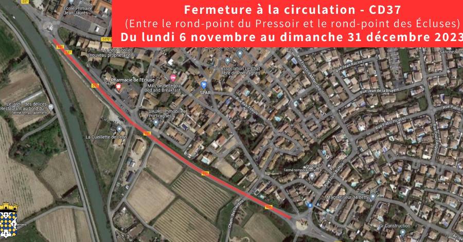 Portiragnes - La circulation sera interdite entre le rond-point du Pressoir et le rond-point des Ecluses jusqu'au 31 décembre