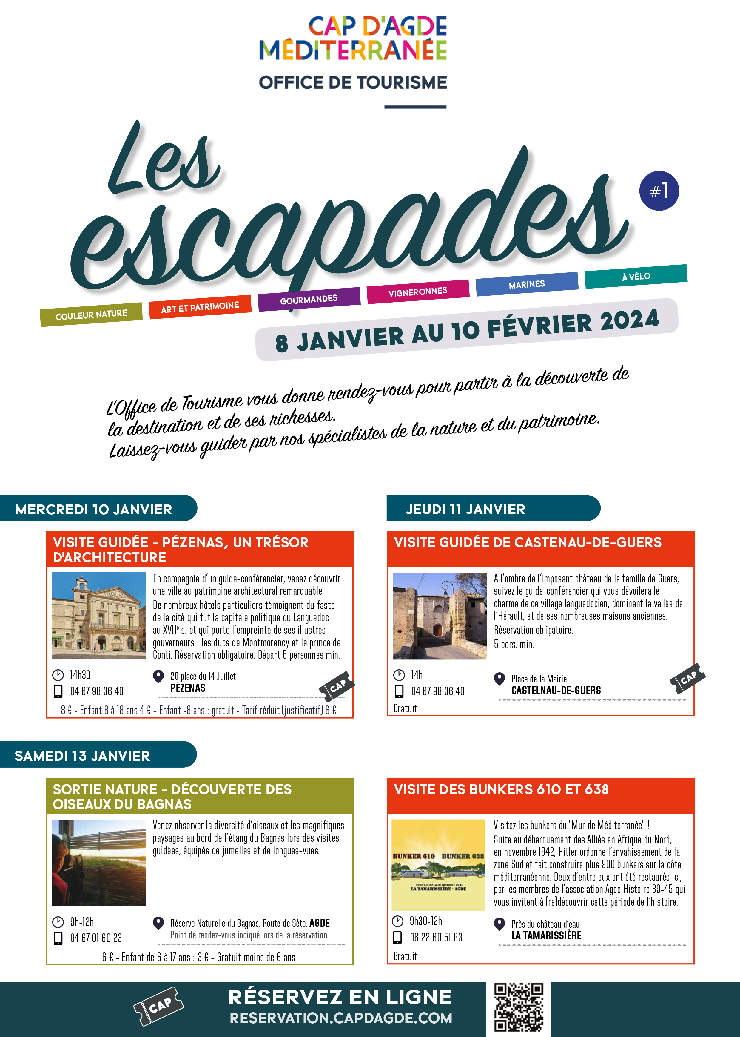 Agglo Hérault Méditerranée - Le programme des Escapades de l'Office de Tourisme du 8 janvier au 10 février 2024