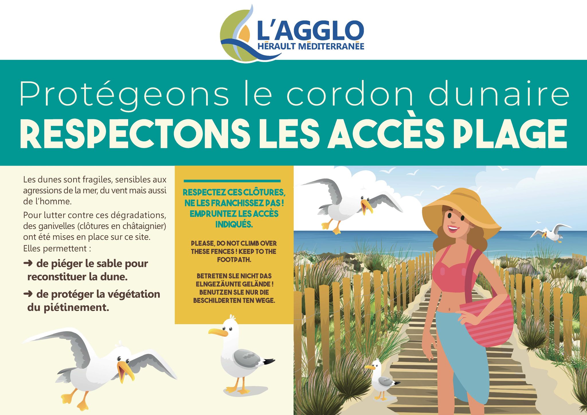 Agglo Hérault Méditerranée - Protection de nos plages : ne marchons pas sur les dunes !